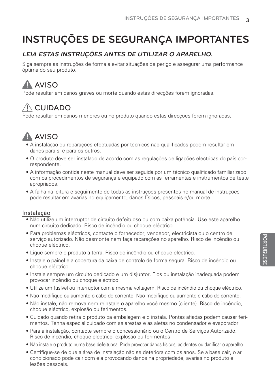Instruções de segurança importantes, Aviso, Cuidado | LG CV09 User Manual | Page 159 / 209