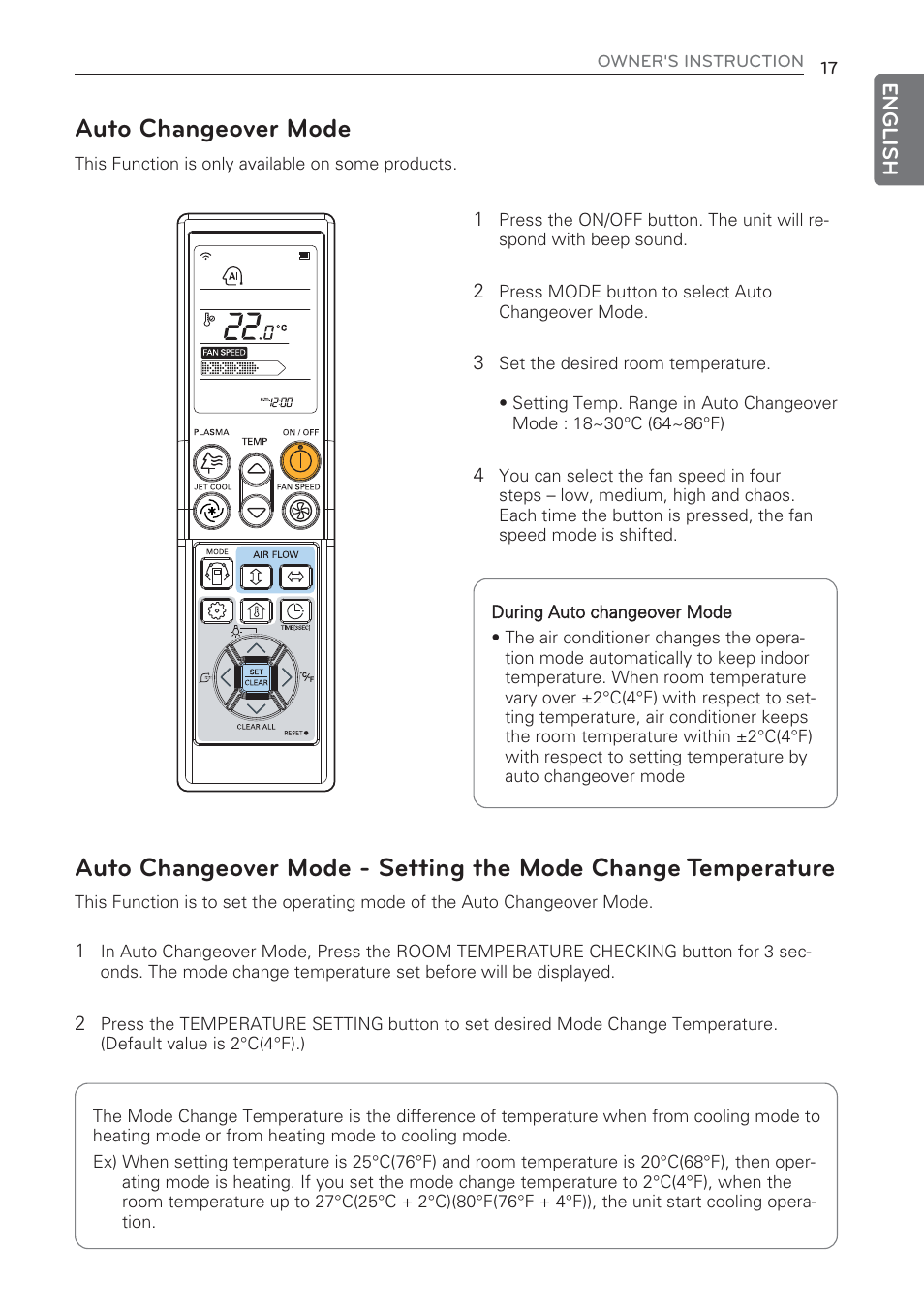 Auto changeover mode | LG CV09 User Manual | Page 17 / 209