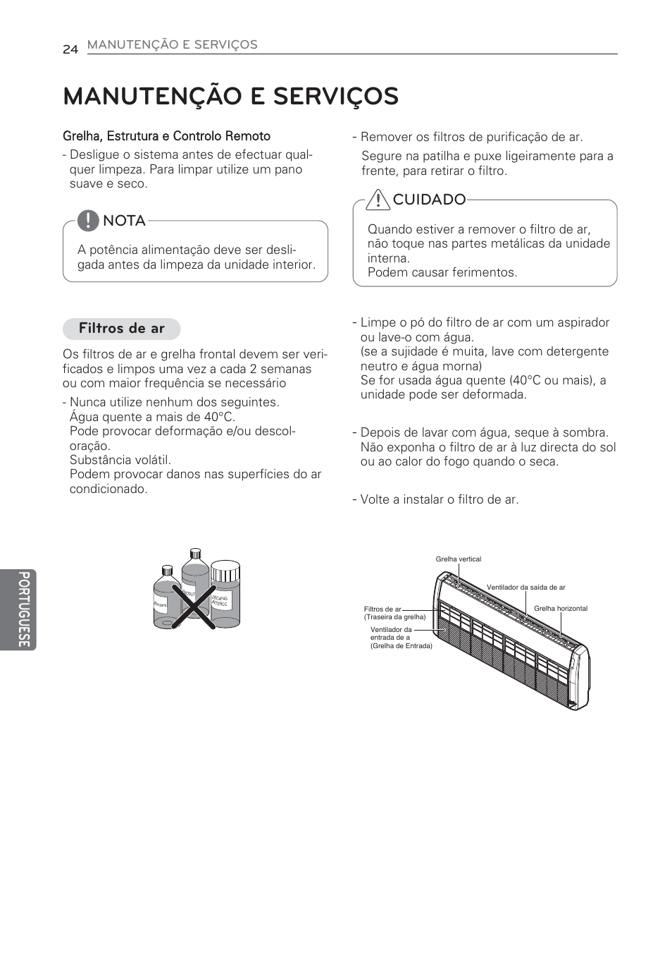 Manutenção e serviços, Por tuguese, Nota | Cuidado, Filtros de ar | LG CV09 User Manual | Page 180 / 209