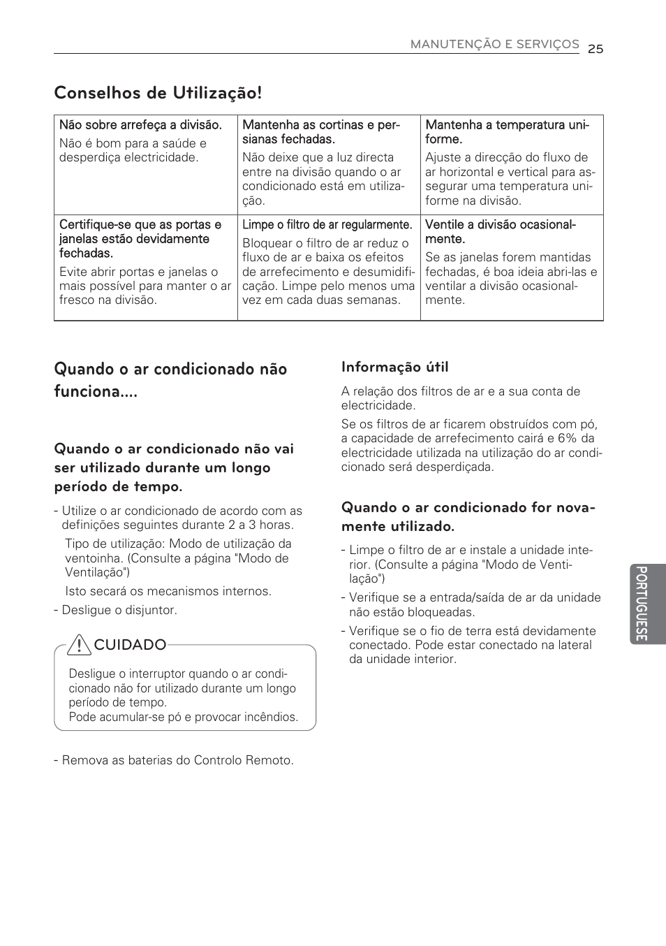 Quando o ar condicionado não funciona, Conselhos de utilização | LG CV09 User Manual | Page 181 / 209