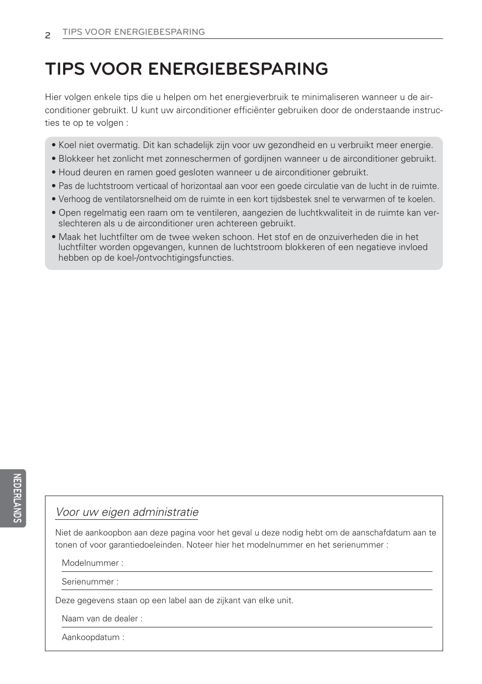 Tips voor energiebesparing, Voor uw eigen administratie | LG CV09 User Manual | Page 184 / 209