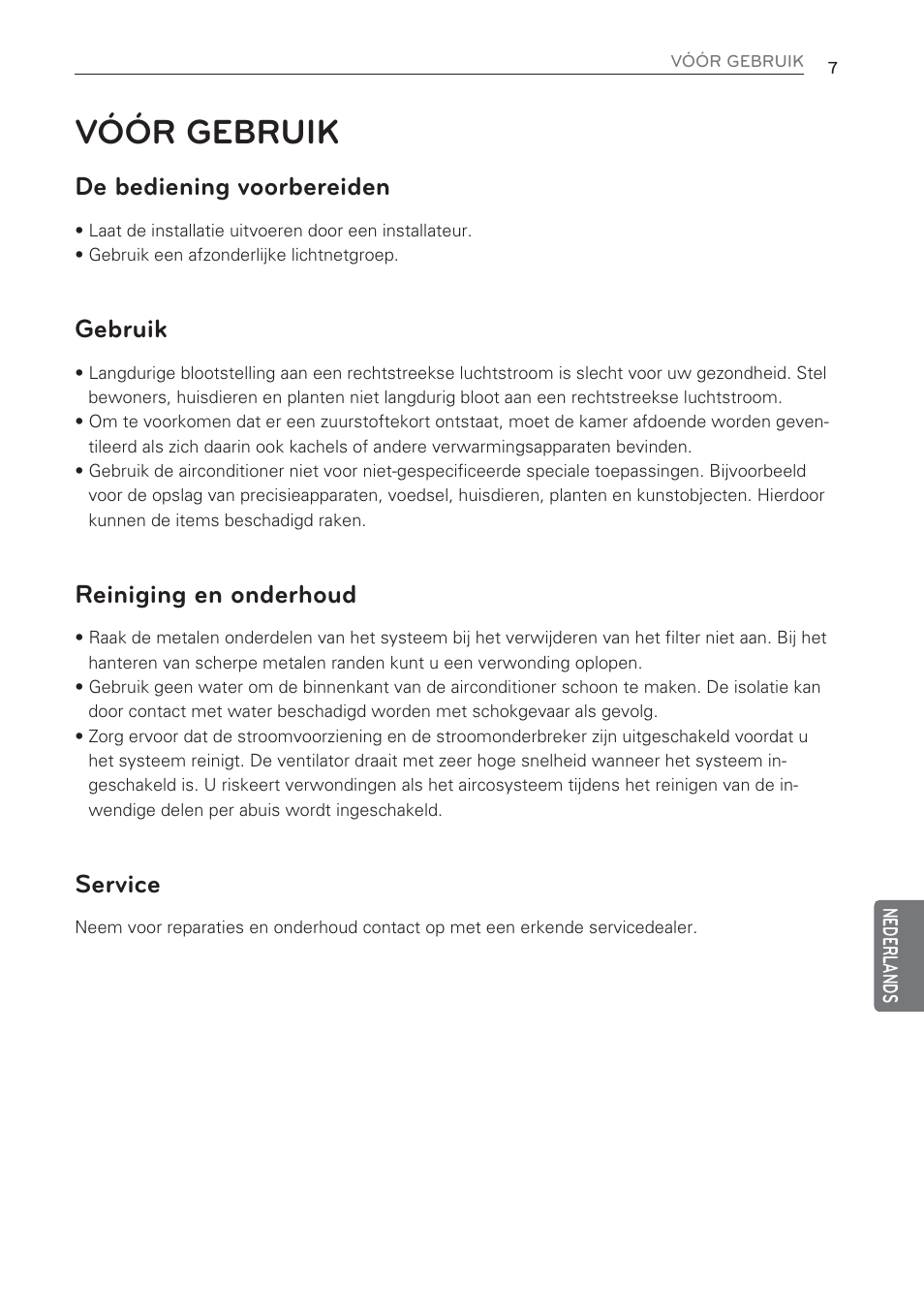 Vóór gebruik, De bediening voorbereiden, Gebruik | Reiniging en onderhoud, Service | LG CV09 User Manual | Page 189 / 209