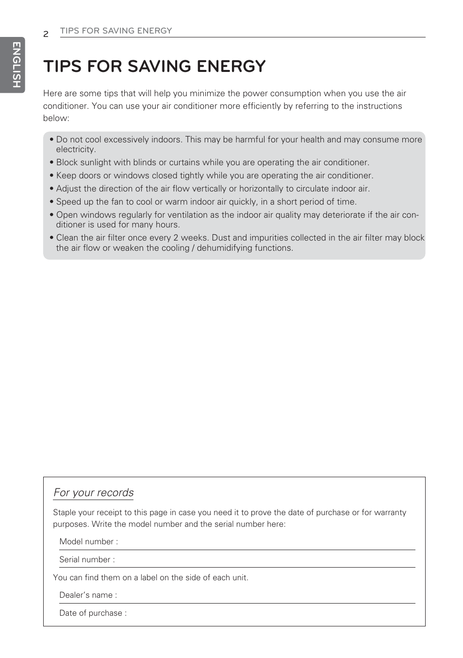 Tips for saving energy, For your records | LG CV09 User Manual | Page 2 / 209