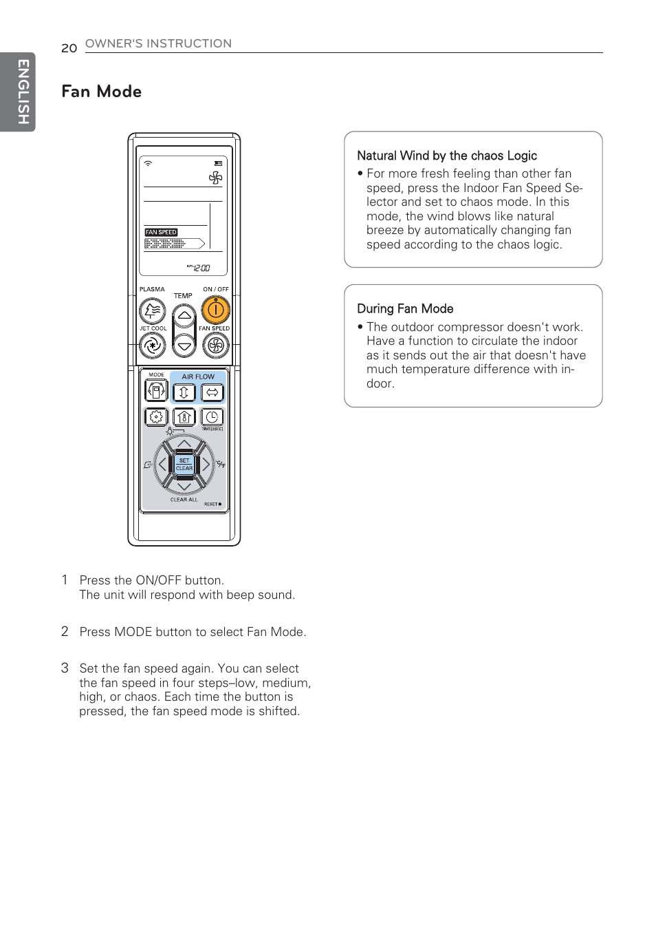 Fan mode | LG CV09 User Manual | Page 20 / 209