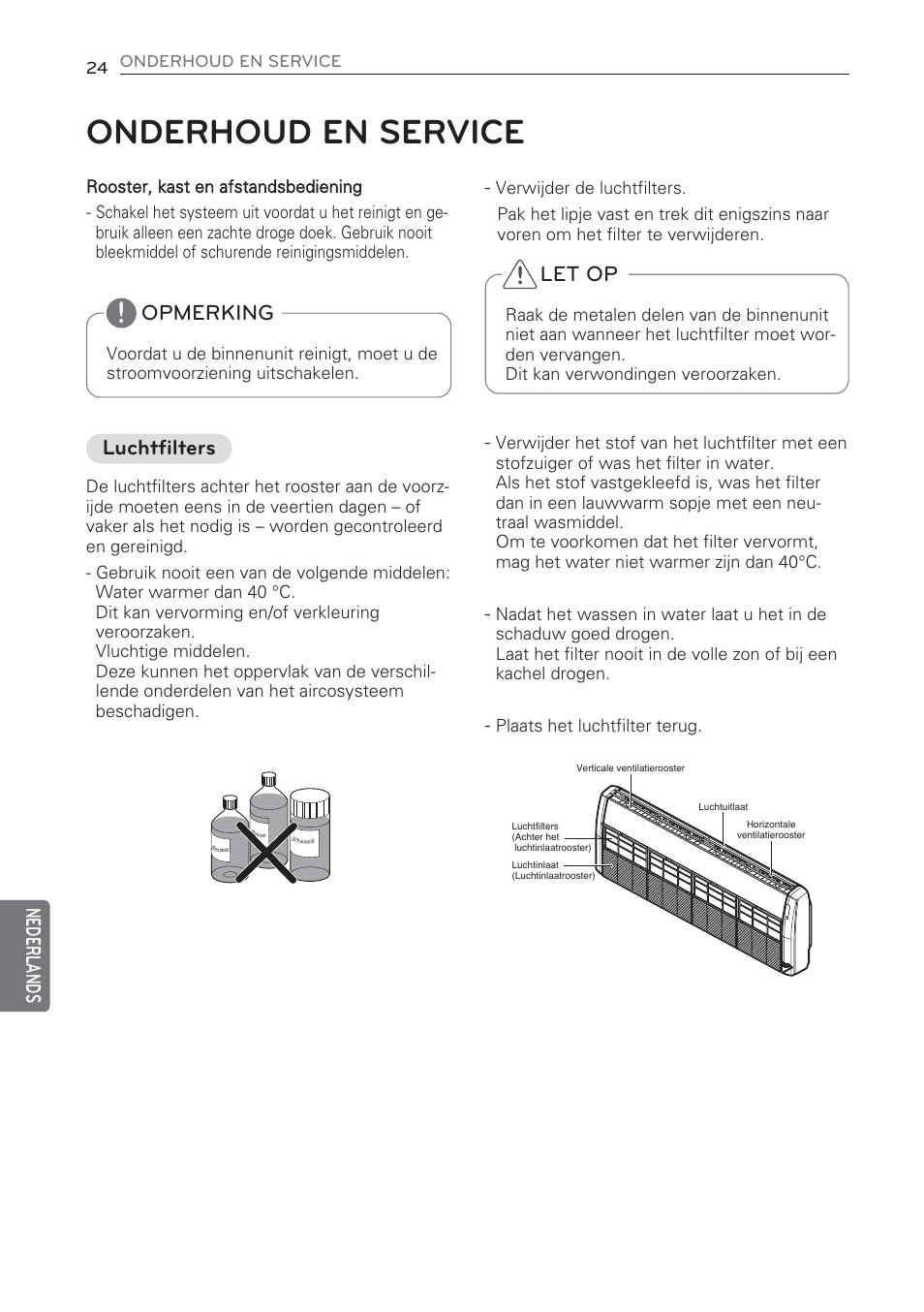 Onderhoud en service, Nederl ands, Opmerking | Let op, Luchtfilters | LG CV09 User Manual | Page 206 / 209
