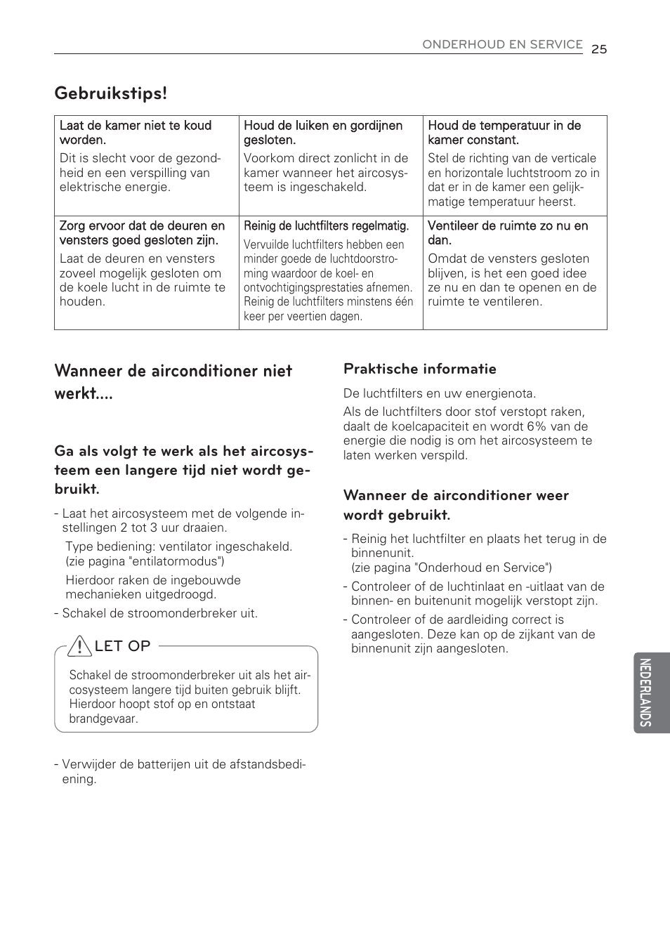 Wanneer de airconditioner niet werkt, Gebruikstips | LG CV09 User Manual | Page 207 / 209