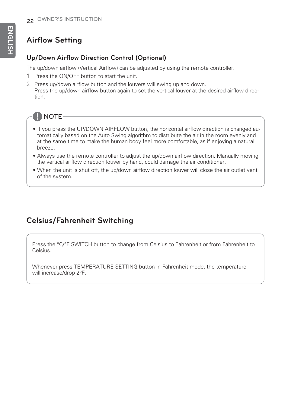 Celsius/fahrenheit switching airflow setting | LG CV09 User Manual | Page 22 / 209