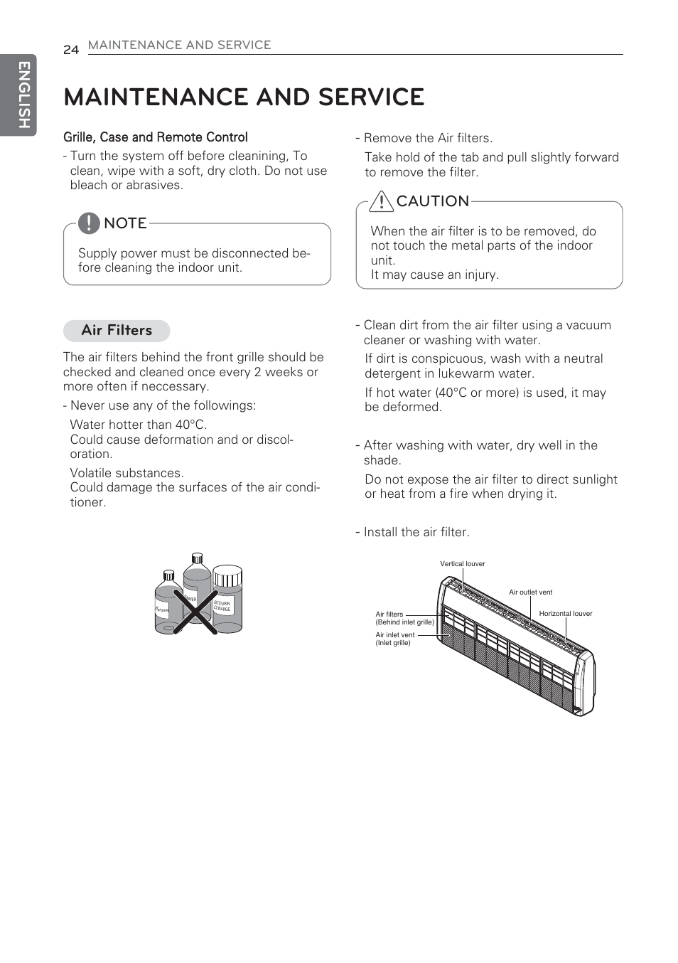 Maintenance and service, English, Caution | Air filters | LG CV09 User Manual | Page 24 / 209