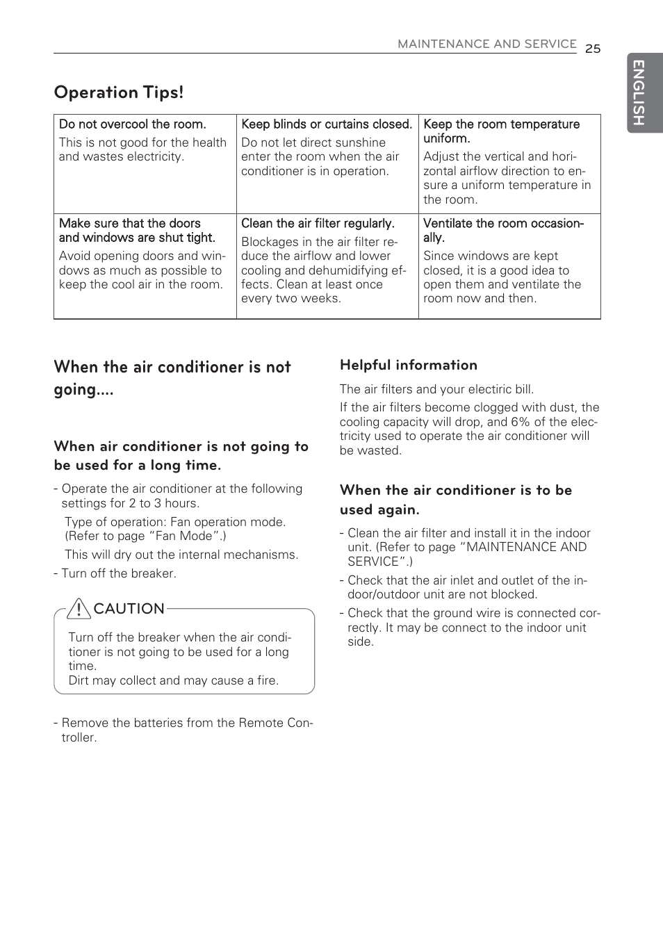 When the air conditioner is not going, Operation tips | LG CV09 User Manual | Page 25 / 209