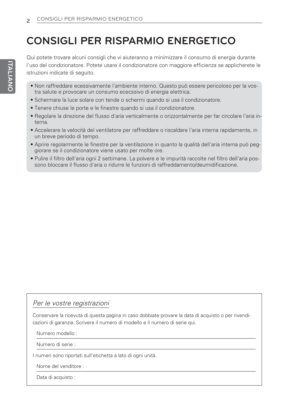 Consigli per risparmio energetico, Per le vostre registrazioni | LG CV09 User Manual | Page 28 / 209