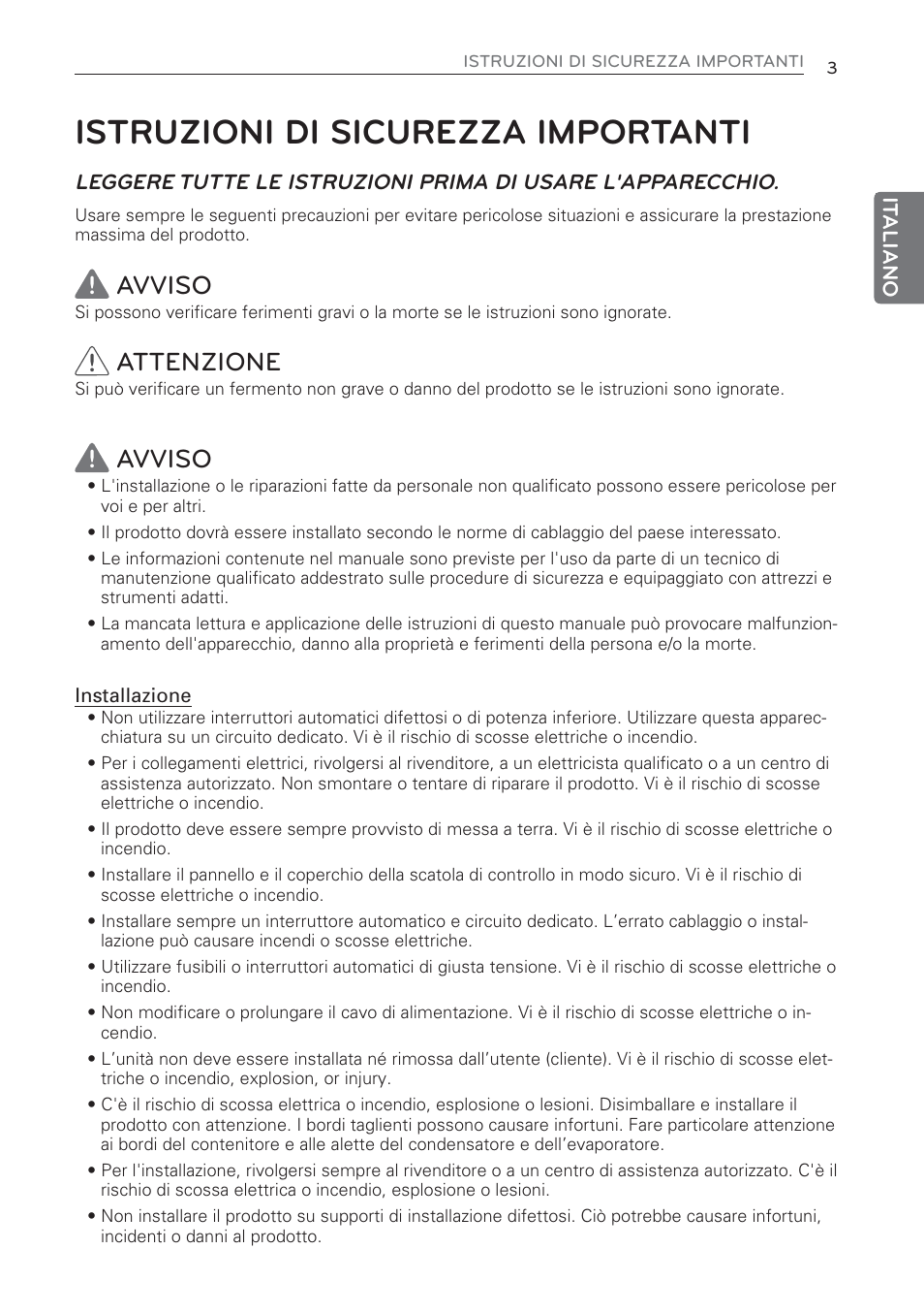 Istruzioni di sicurezza importanti, Avviso, Attenzione | LG CV09 User Manual | Page 29 / 209