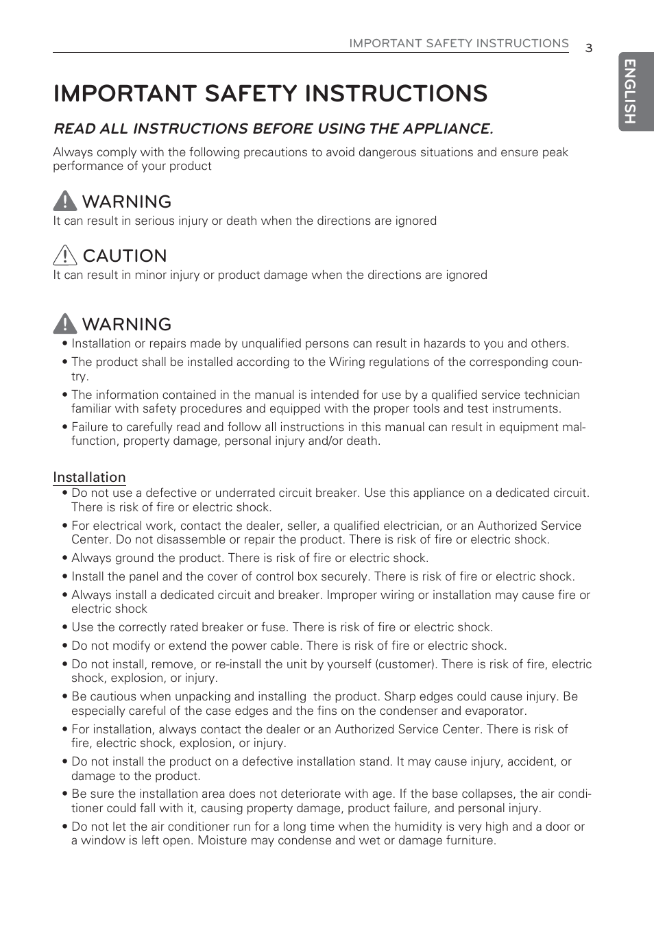 Important safety instructions, Warning, Caution | LG CV09 User Manual | Page 3 / 209