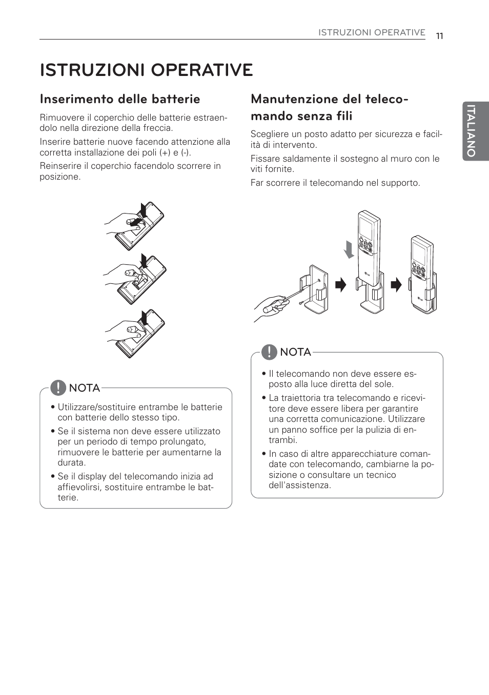 Istruzioni operative, Inserimento delle batterie, Manutenzione del teleco- mando senza fili | LG CV09 User Manual | Page 37 / 209