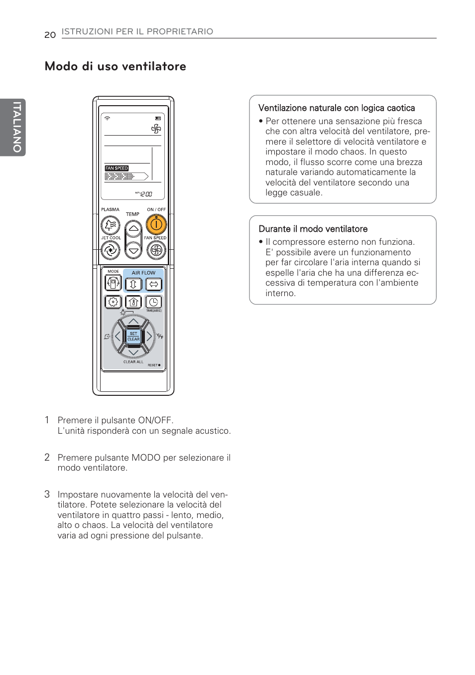 Modo di uso ventilatore | LG CV09 User Manual | Page 46 / 209