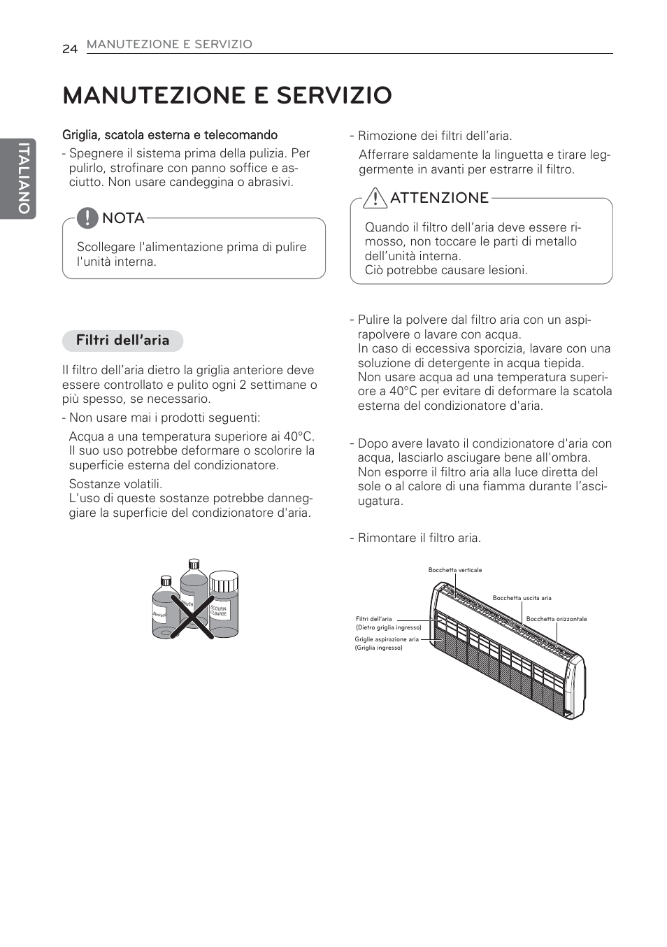 Manutezione e servizio, It aliano, Nota | Attenzione, Filtri dell’aria | LG CV09 User Manual | Page 50 / 209