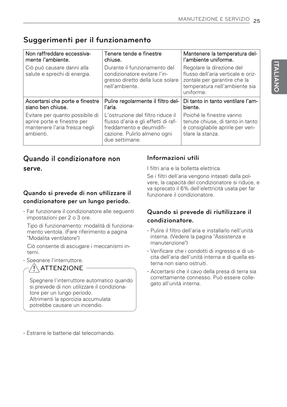 Quando il condizionatore non serve, Suggerimenti per il funzionamento | LG CV09 User Manual | Page 51 / 209