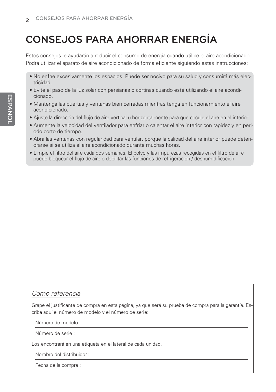 Consejos para ahorrar energía, Como referencia | LG CV09 User Manual | Page 54 / 209