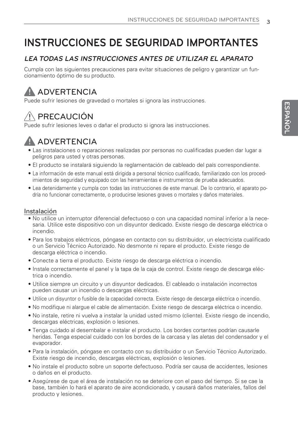Instrucciones de seguridad importantes, Advertencia, Precaución | LG CV09 User Manual | Page 55 / 209