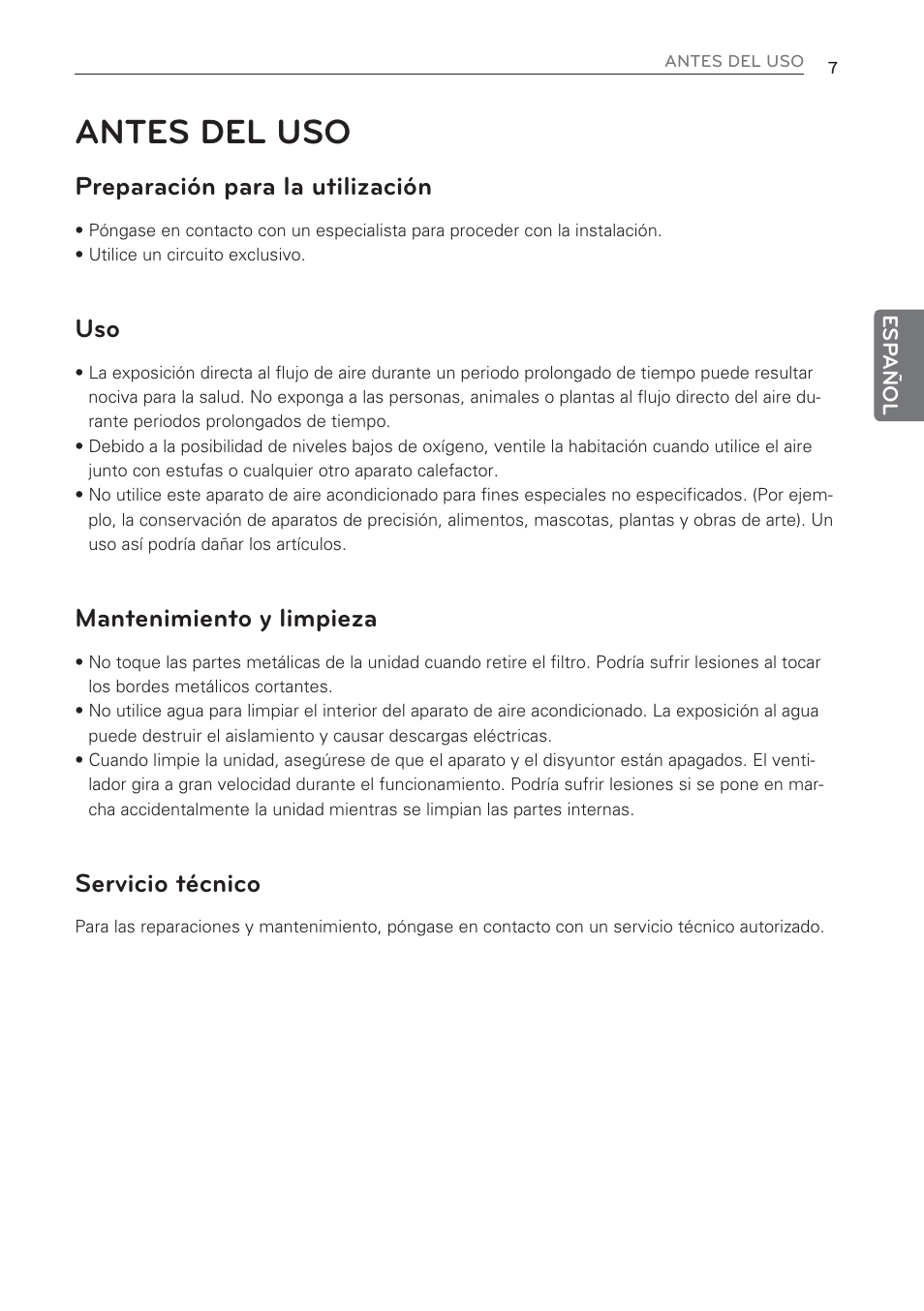 Antes del uso, Preparación para la utilización, Mantenimiento y limpieza | Servicio técnico | LG CV09 User Manual | Page 59 / 209
