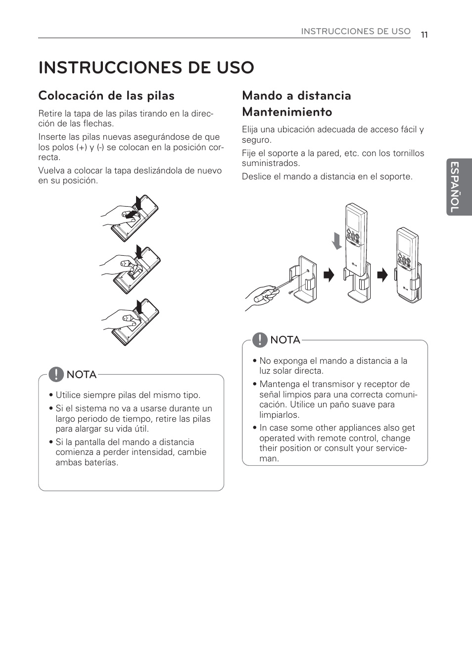 Instrucciones de uso, Colocación de las pilas, Mando a distancia mantenimiento | LG CV09 User Manual | Page 63 / 209