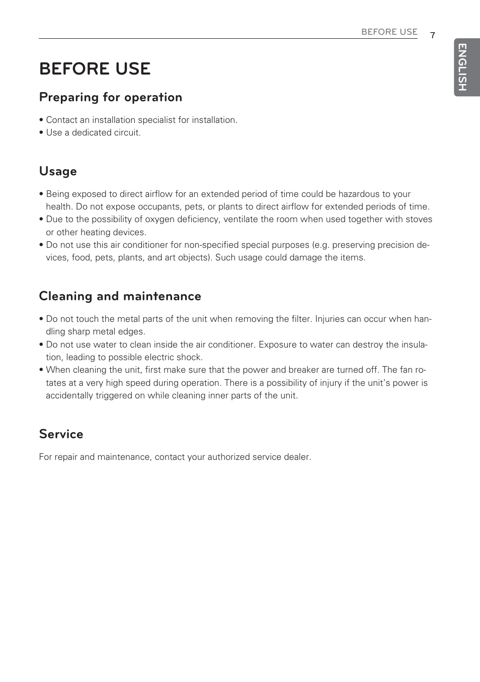 Before use, Preparing for operation, Usage | Cleaning and maintenance, Service | LG CV09 User Manual | Page 7 / 209