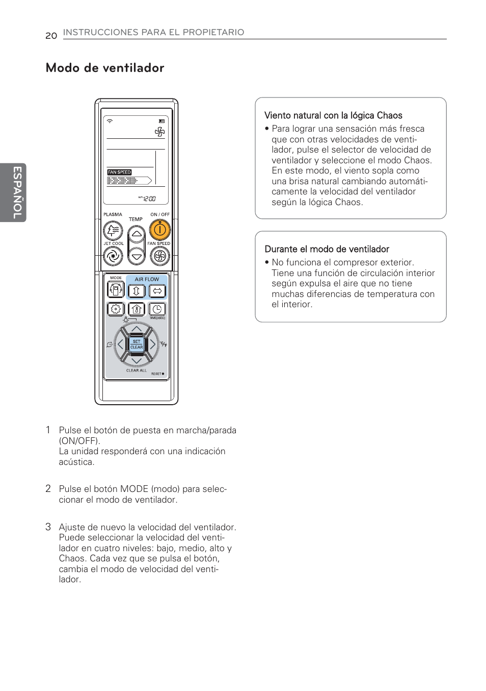 Modo de ventilador | LG CV09 User Manual | Page 72 / 209