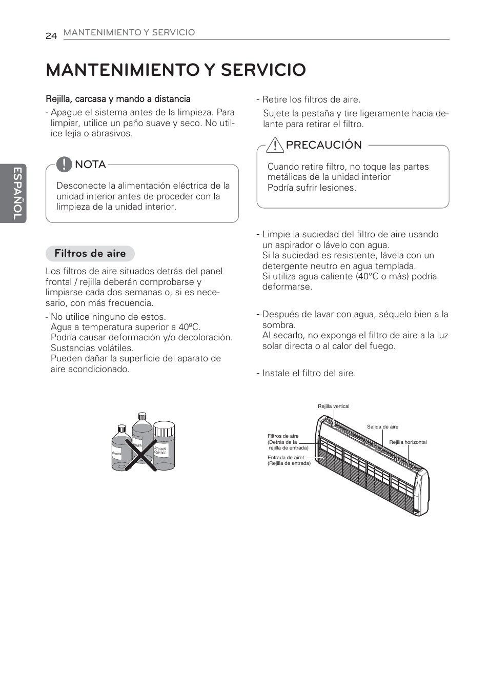 Mantenimiento y servicio, Esp añol, Nota | Precaución, Filtros de aire | LG CV09 User Manual | Page 76 / 209