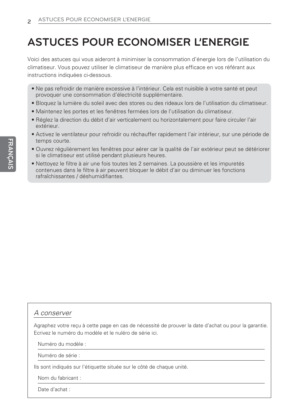 Astuces pour economiser l’energie, A conserver | LG CV09 User Manual | Page 80 / 209