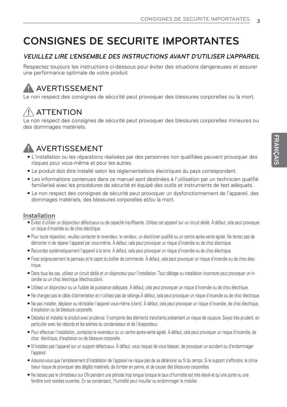 Consignes de securite importantes, Avertissement, Attention | LG CV09 User Manual | Page 81 / 209
