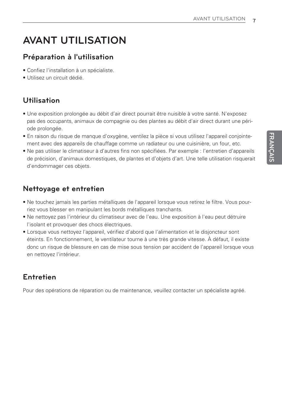 Avant utilisation, Préparation à l'utilisation, Utilisation | Nettoyage et entretien, Entretien | LG CV09 User Manual | Page 85 / 209