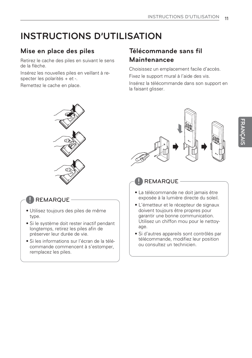 Instructions d’utilisation, Mise en place des piles, Télécommande sans ﬁl maintenancee | LG CV09 User Manual | Page 89 / 209