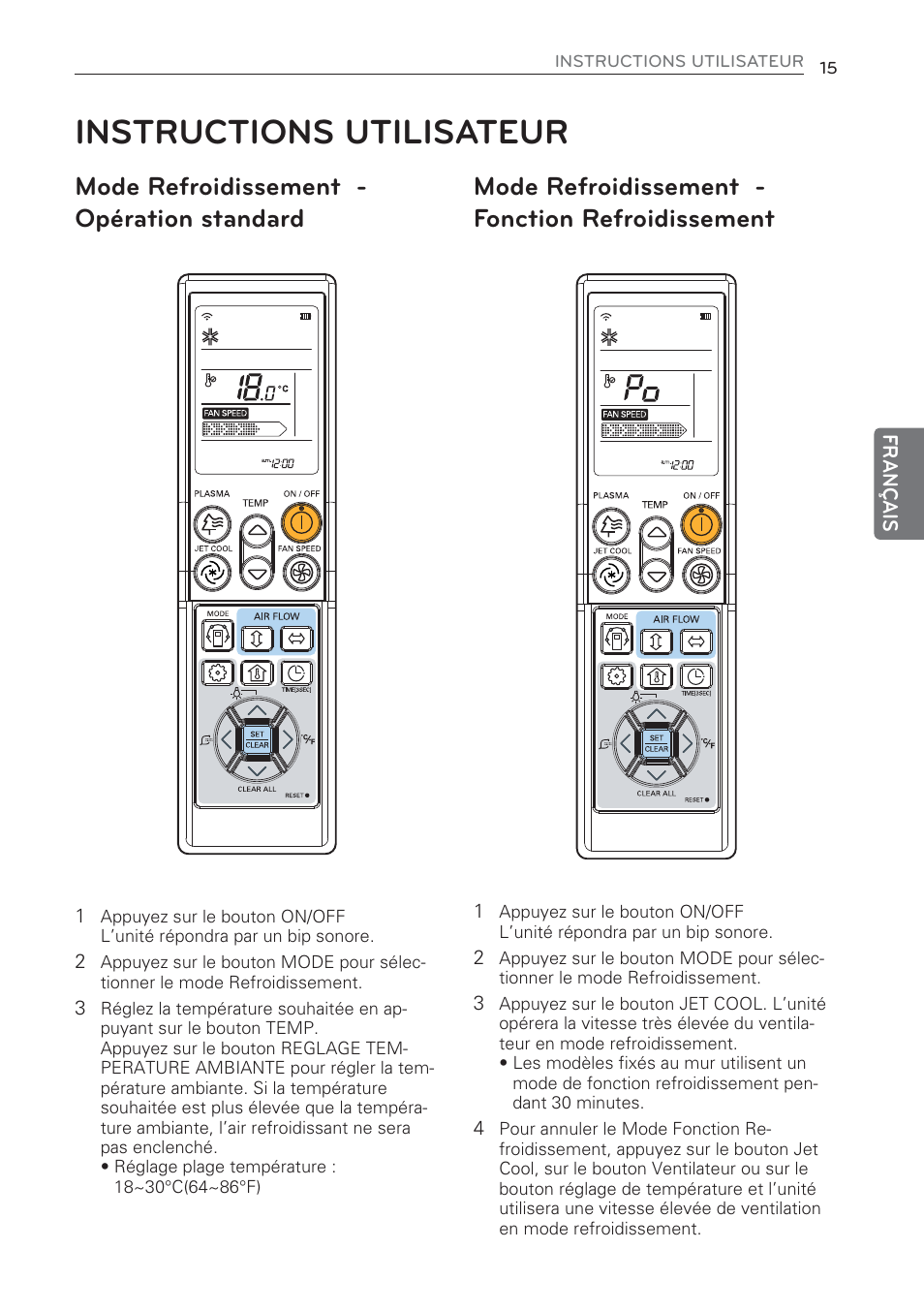 Instructions utilisateur, Mode refroidissement - opération standard, Mode refroidissement - fonction refroidissement | LG CV09 User Manual | Page 93 / 209