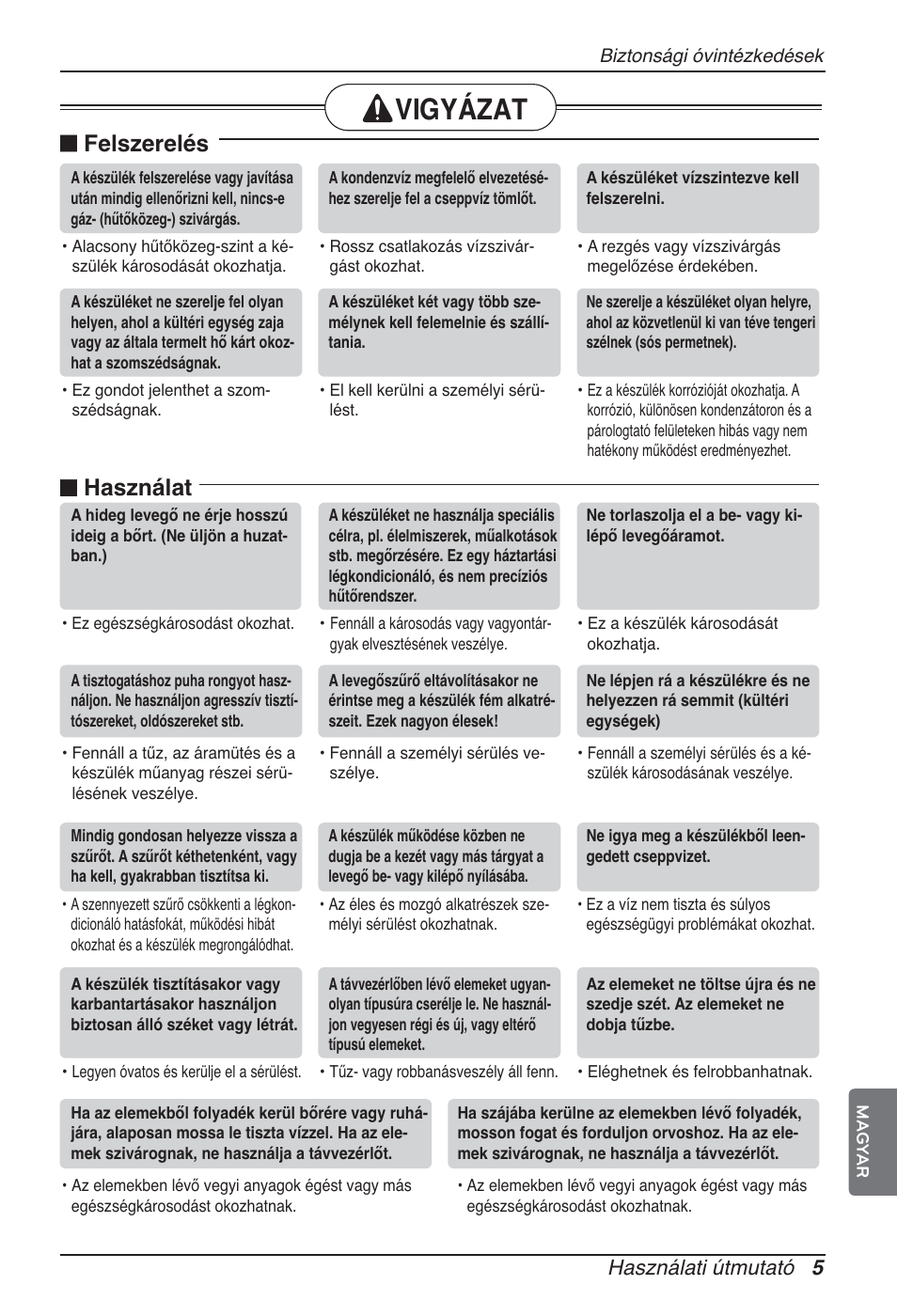 Vigyázat, Felszerelés, Használat | Használati útmutató 5 | LG ARNU12GBHA2 User Manual | Page 101 / 193