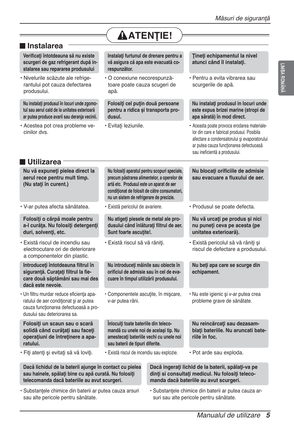 Atenţie, Instalarea, Utilizarea | Manualul de utilizare 5 | LG ARNU12GBHA2 User Manual | Page 125 / 193