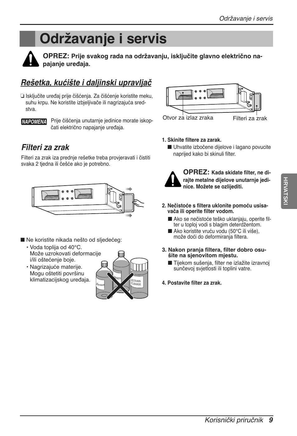 Održavanje i servis, Rešetka, kućište i daljinski upravljač, Filteri za zrak | Korisnički priručnik 9, Oprez | LG ARNU12GBHA2 User Manual | Page 165 / 193