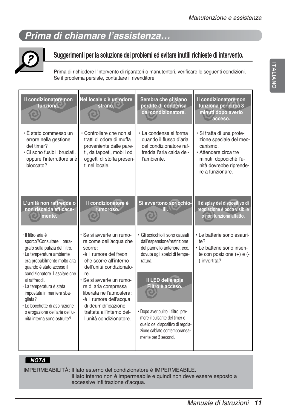 Prima di chiamare l’assistenza, Manuale di istruzioni 11 | LG ARNU12GBHA2 User Manual | Page 23 / 193