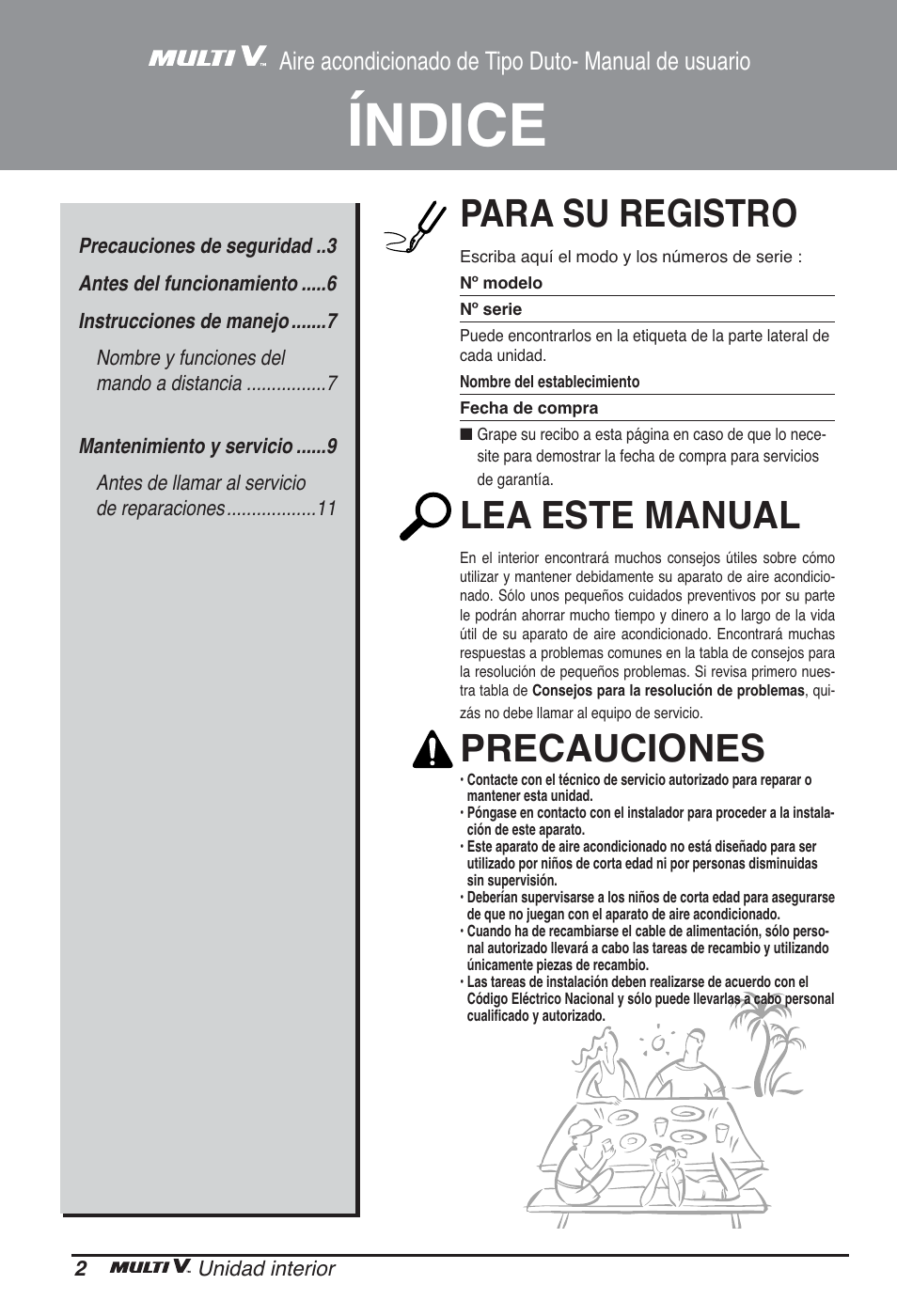 Índice, Para su registro, Lea este manual | Precauciones, Aire acondicionado de tipo duto- manual de usuario | LG ARNU12GBHA2 User Manual | Page 26 / 193