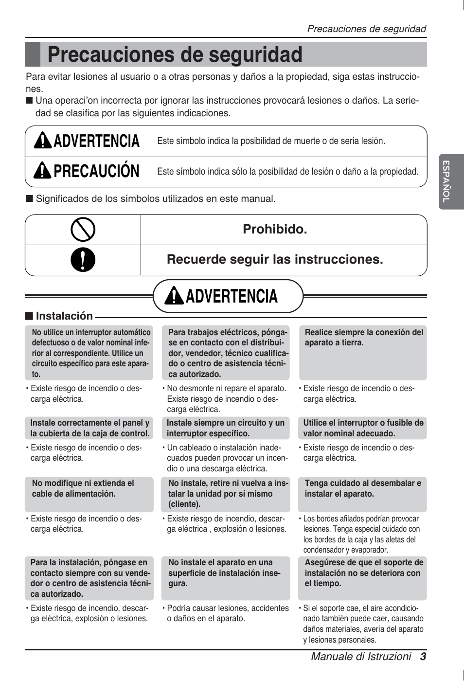 Precauciones de seguridad, Advertencia, Advertencia precaución | Prohibido. recuerde seguir las instrucciones | LG ARNU12GBHA2 User Manual | Page 27 / 193