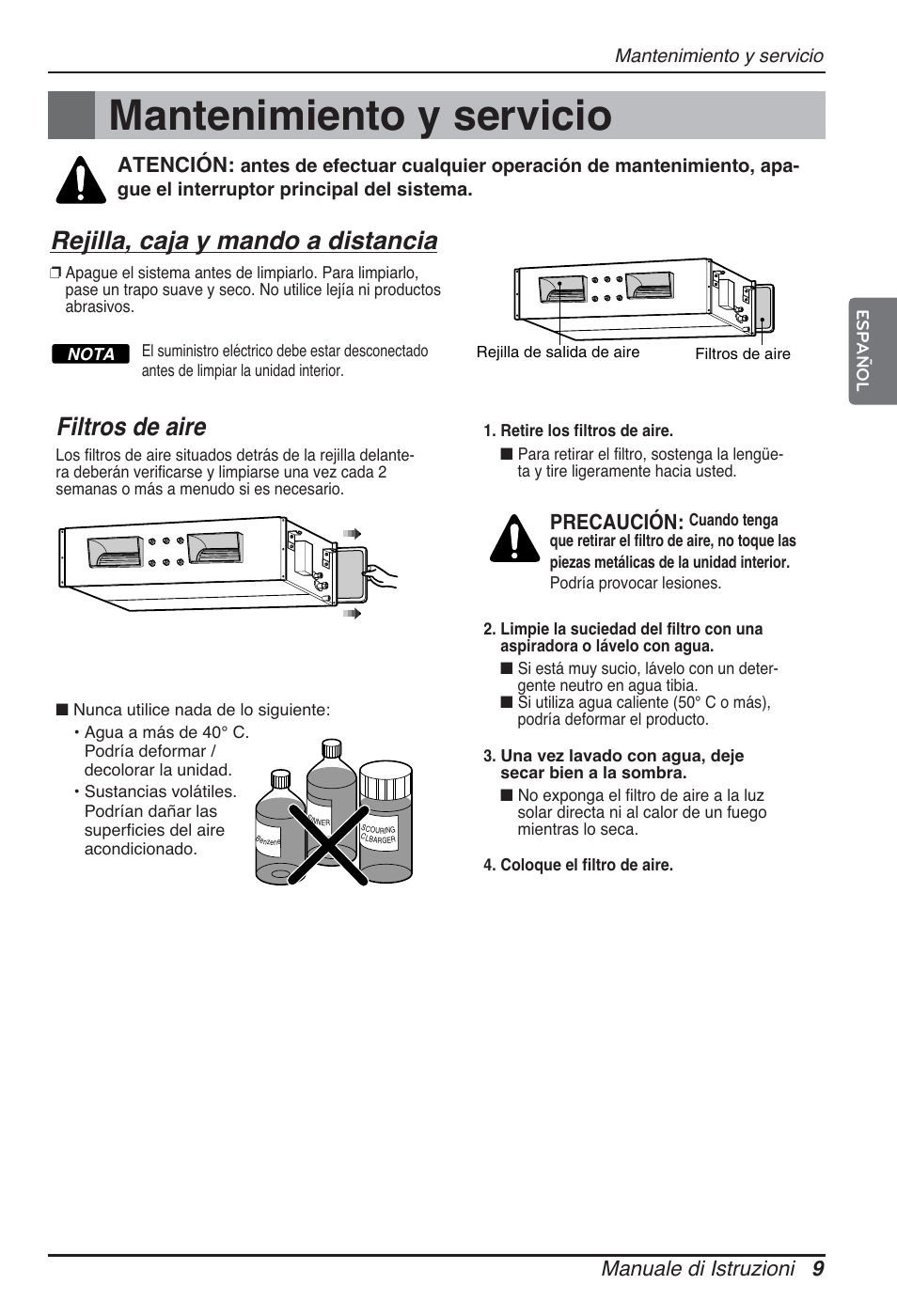 Mantenimiento y servicio, Filtros de aire, Rejilla, caja y mando a distancia | Manuale di istruzioni 9, Precaución, Atención | LG ARNU12GBHA2 User Manual | Page 33 / 193