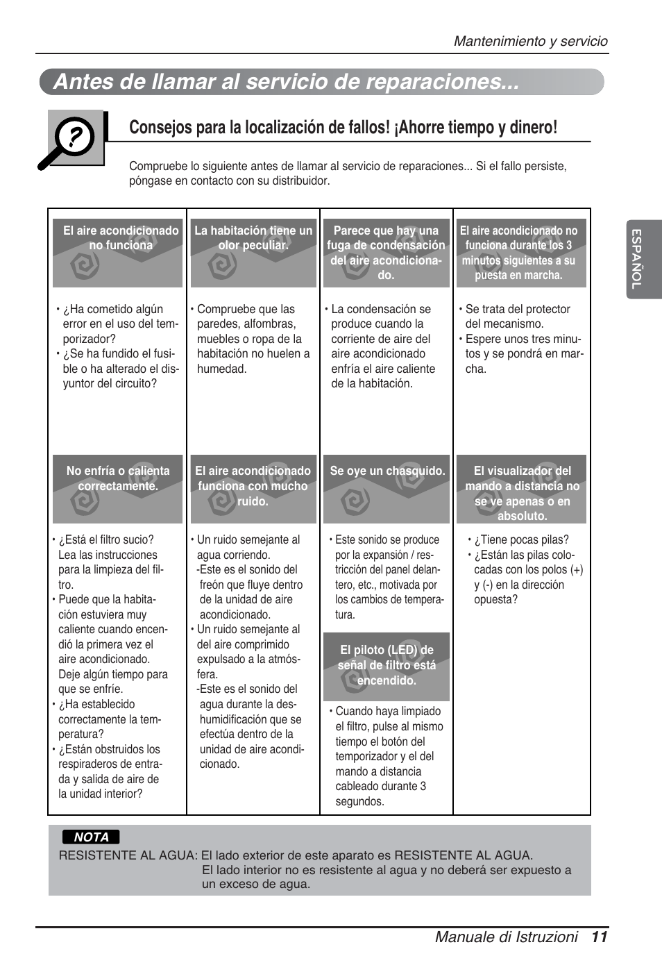 Antes de llamar al servicio de reparaciones, Manuale di istruzioni 11 | LG ARNU12GBHA2 User Manual | Page 35 / 193