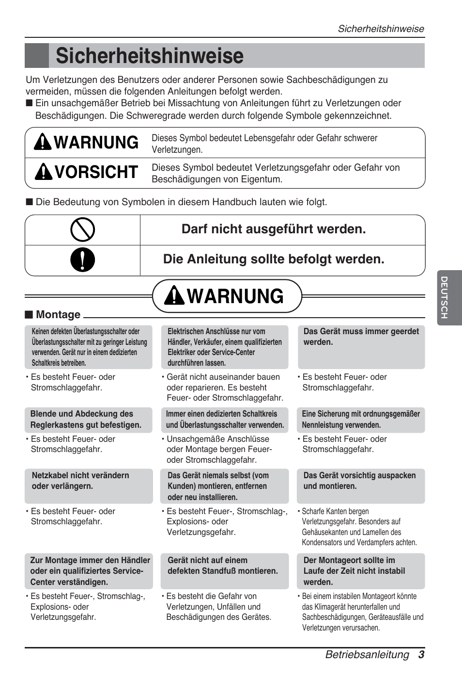 Sicherheitshinweise, Warnung, Warnung vorsicht | LG ARNU12GBHA2 User Manual | Page 51 / 193