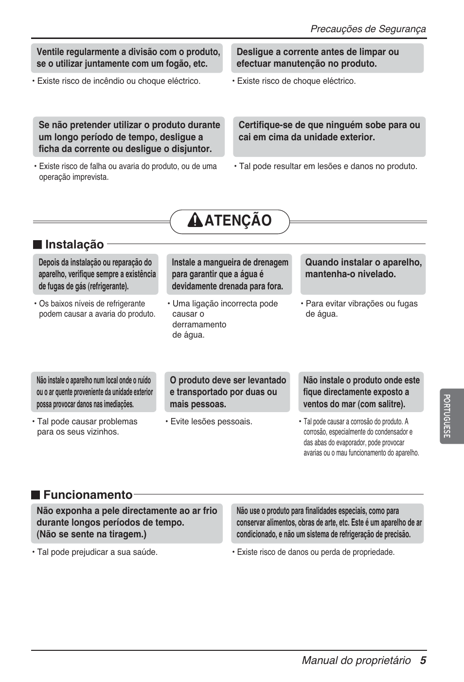 Atenção, N instalação, N funcionamento | LG ARNU09GTUC2 User Manual | Page 101 / 273