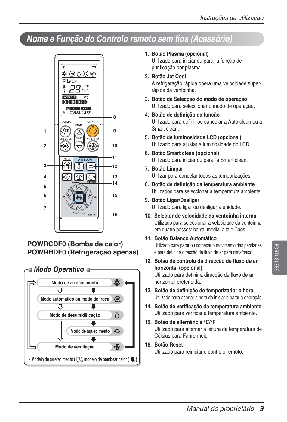 Modo operativo, Manual do proprietário 9 | LG ARNU09GTUC2 User Manual | Page 105 / 273