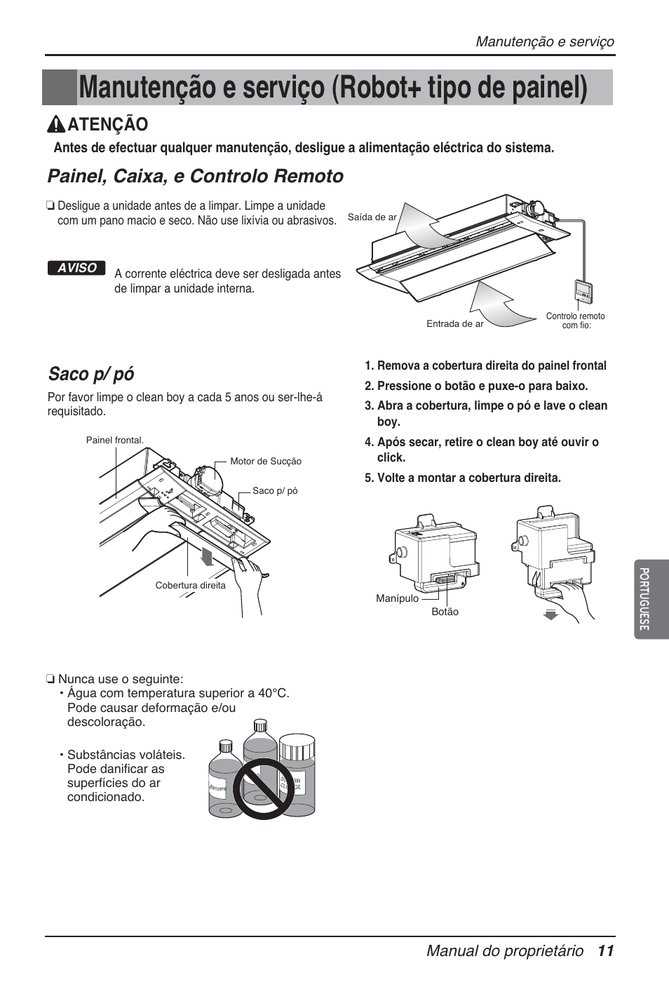 Manutenção e serviço (robot+ tipo de painel), Painel, caixa, e controlo remoto, Saco p/ pó | Atenção, Manual do proprietário 11, Manutenção e serviço | LG ARNU09GTUC2 User Manual | Page 107 / 273