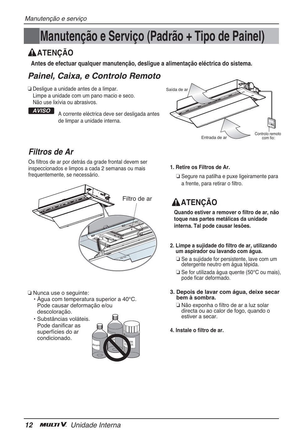 Manutenção e serviço (padrão + tipo de painel), Painel, caixa, e controlo remoto, Filtros de ar | Atenção, 12 unidade interna | LG ARNU09GTUC2 User Manual | Page 108 / 273