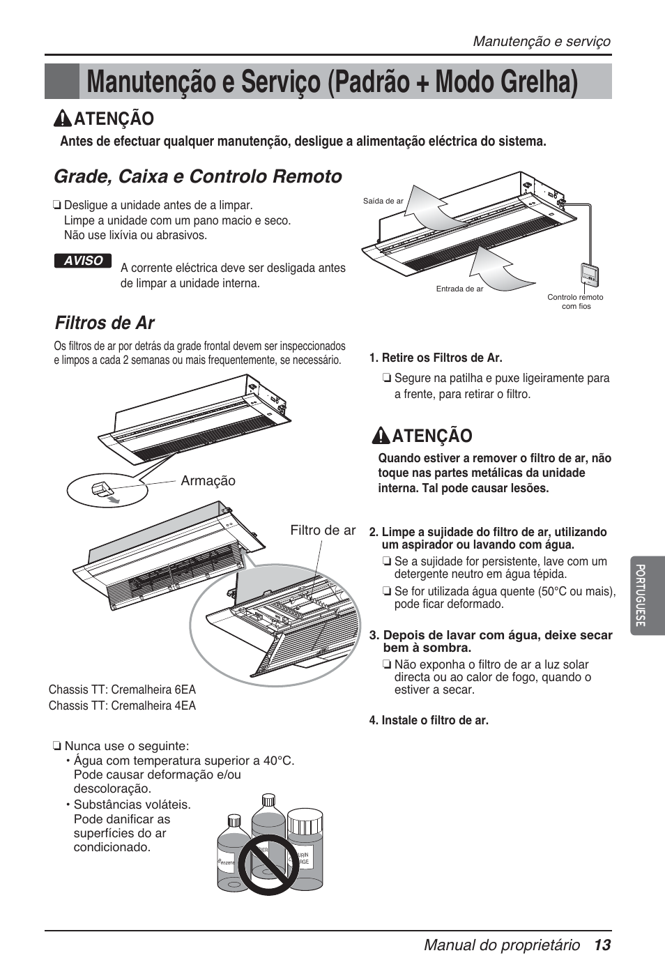 Manutenção e serviço (padrão + modo grelha), Grade, caixa e controlo remoto, Filtros de ar | Atenção, Manual do proprietário 13 | LG ARNU09GTUC2 User Manual | Page 109 / 273