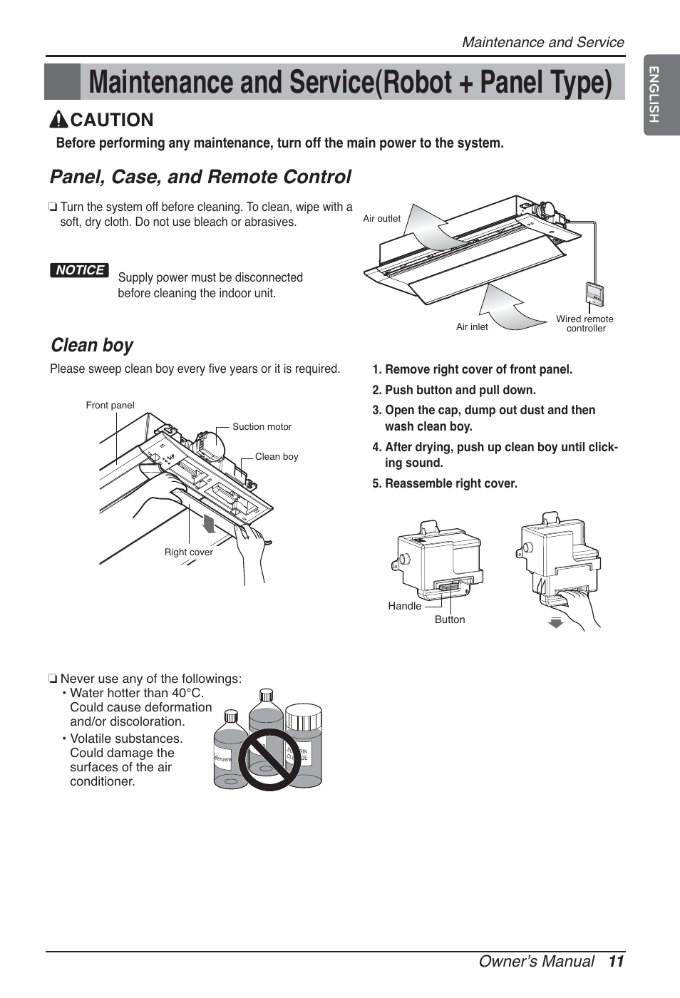 Maintenance and service(robot + panel type), Panel, case, and remote control, Clean boy | Caution, Ownerʼs manual 11, Maintenance and service | LG ARNU09GTUC2 User Manual | Page 11 / 273