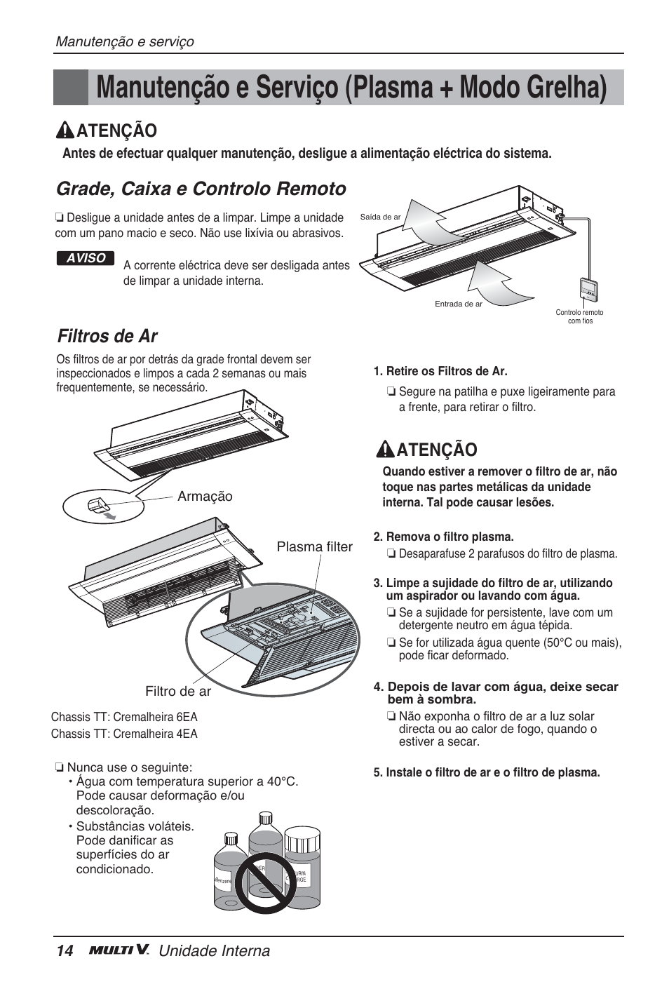 Manutenção e serviço (plasma + modo grelha), Grade, caixa e controlo remoto, Filtros de ar | Atenção, 14 unidade interna | LG ARNU09GTUC2 User Manual | Page 110 / 273