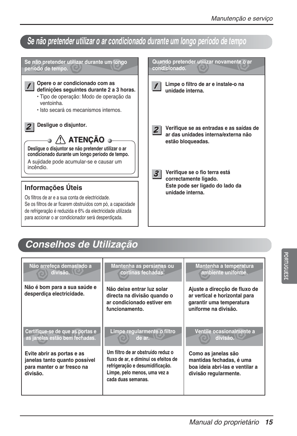 Atenção, Informações úteis, Manual do proprietário 15 | LG ARNU09GTUC2 User Manual | Page 111 / 273