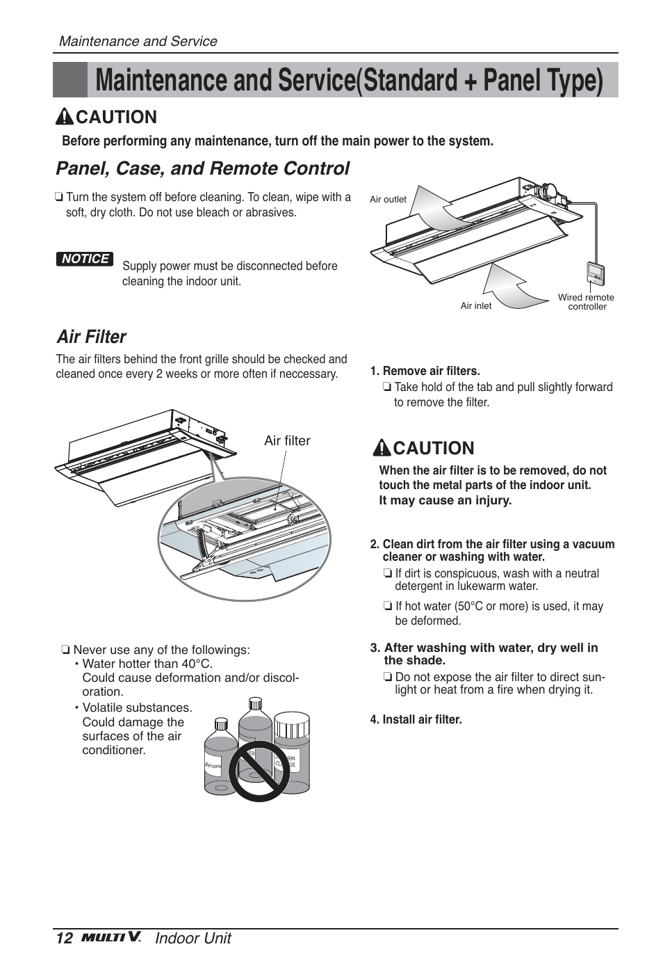 Maintenance and service(standard + panel type), Panel, case, and remote control, Air filter | Caution, 12 indoor unit | LG ARNU09GTUC2 User Manual | Page 12 / 273